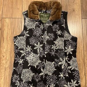 Eddie Bauer Black and White Snowflake Goose Down Vest with Faux Fur Collar